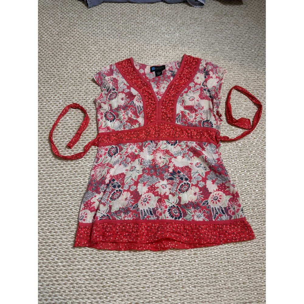 Relativity vintage Y2K baby doll Floral Empire Waist Tunic Top Cap Sleeve LG